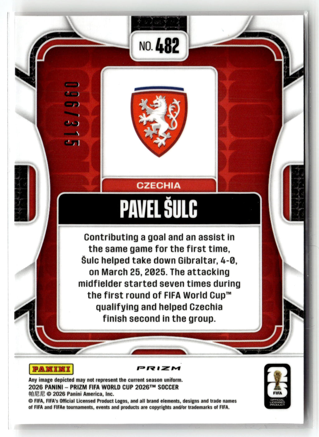 2026 Panini Prizm FIFA World Cup #482 Pavel Sulc Orange Flash Prizm #/315