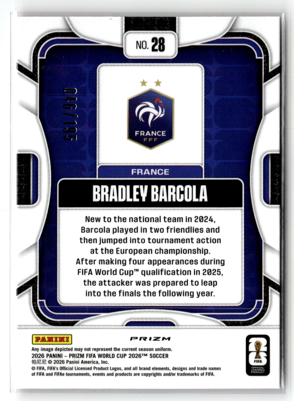 2026 Panini Prizm FIFA World Cup #28 Bradley Barcola Fuchsia Flash Prizm #/195