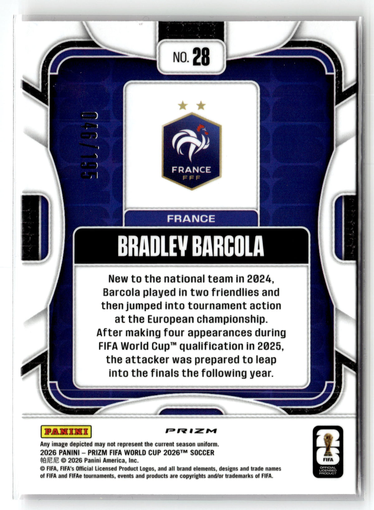 2026 Panini Prizm FIFA World Cup #28 Bradley Barcola Fuchsia Flash Prizm #/195