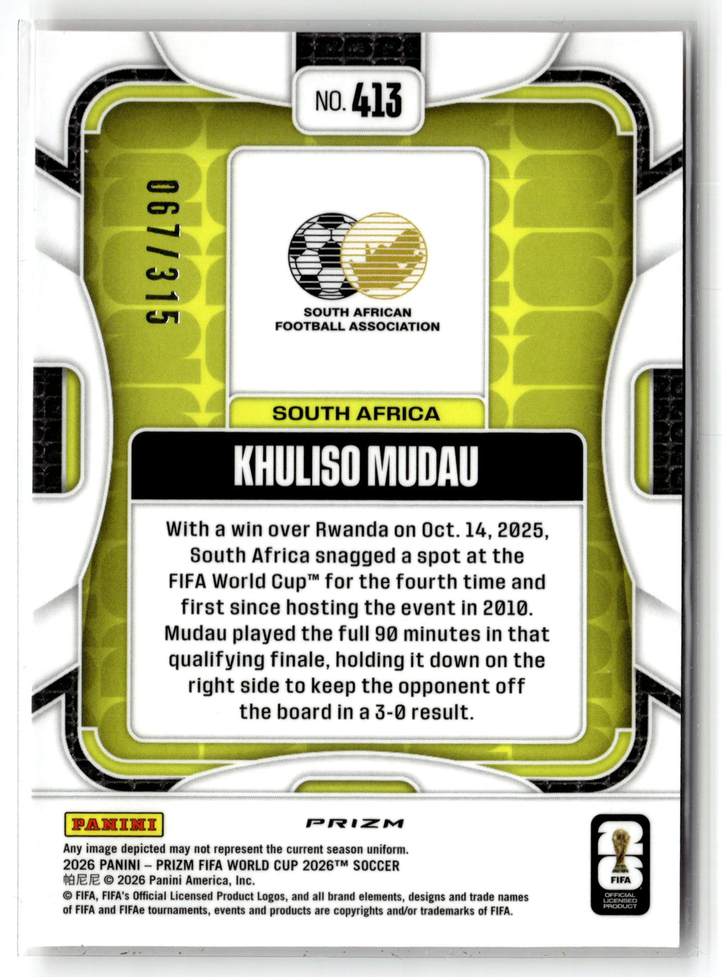 2026 Panini Prizm FIFA World Cup #413 Khuliso Mudau Orange Flash Prizm #/315