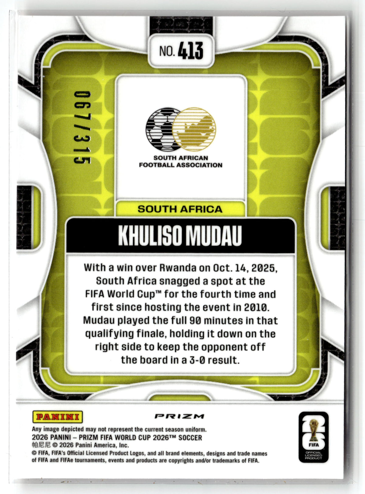 2026 Panini Prizm FIFA World Cup #413 Khuliso Mudau Orange Flash Prizm #/315