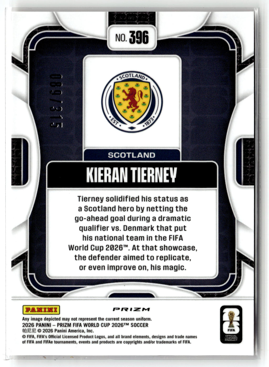 2026 Panini Prizm FIFA World Cup #396 Kieran Tierney Orange Flash Prizm #/315