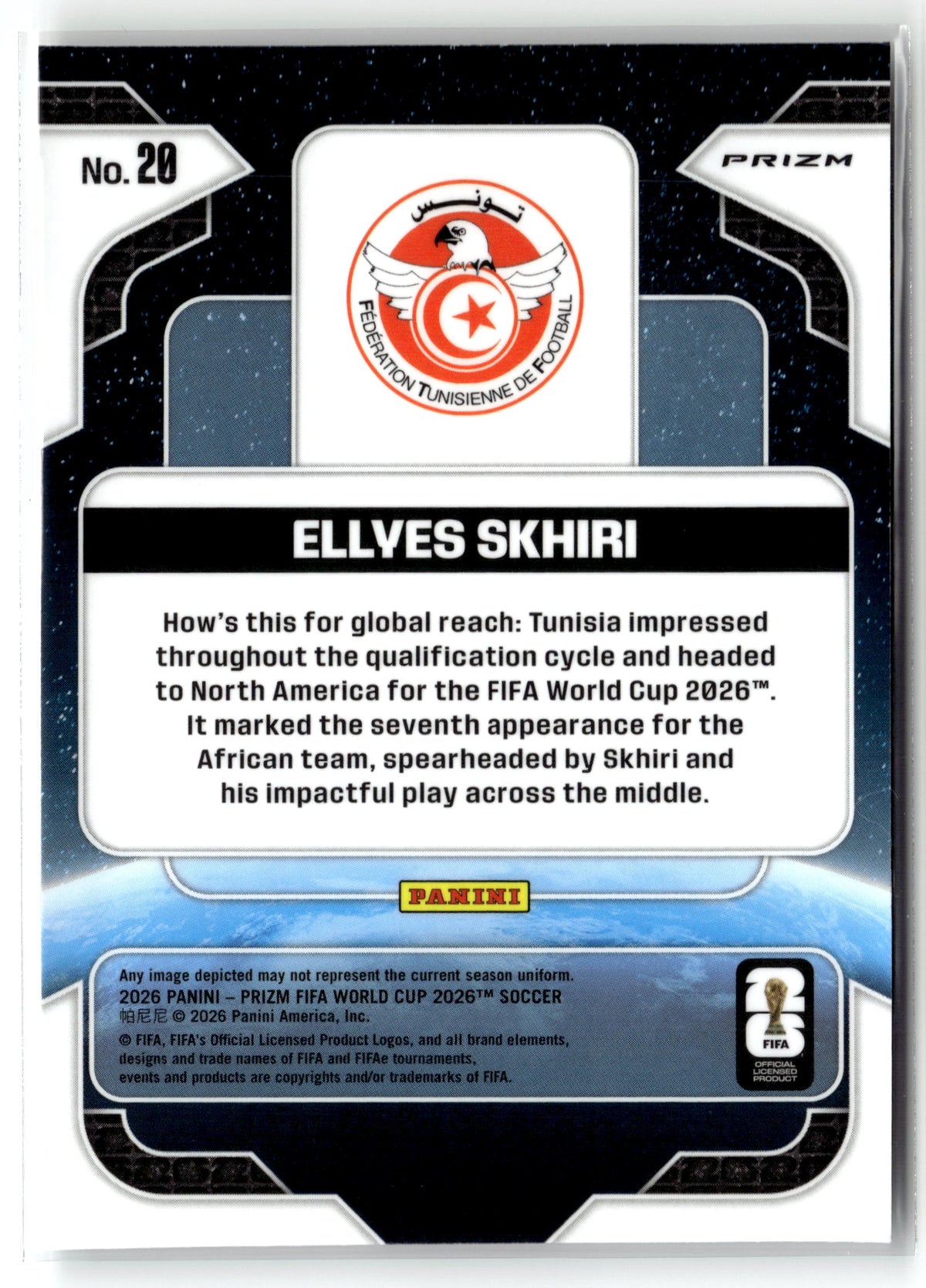 2026 Panini Prizm FIFA World Cup #20 Ellyes Skhiri Global Reach Silver Prizm