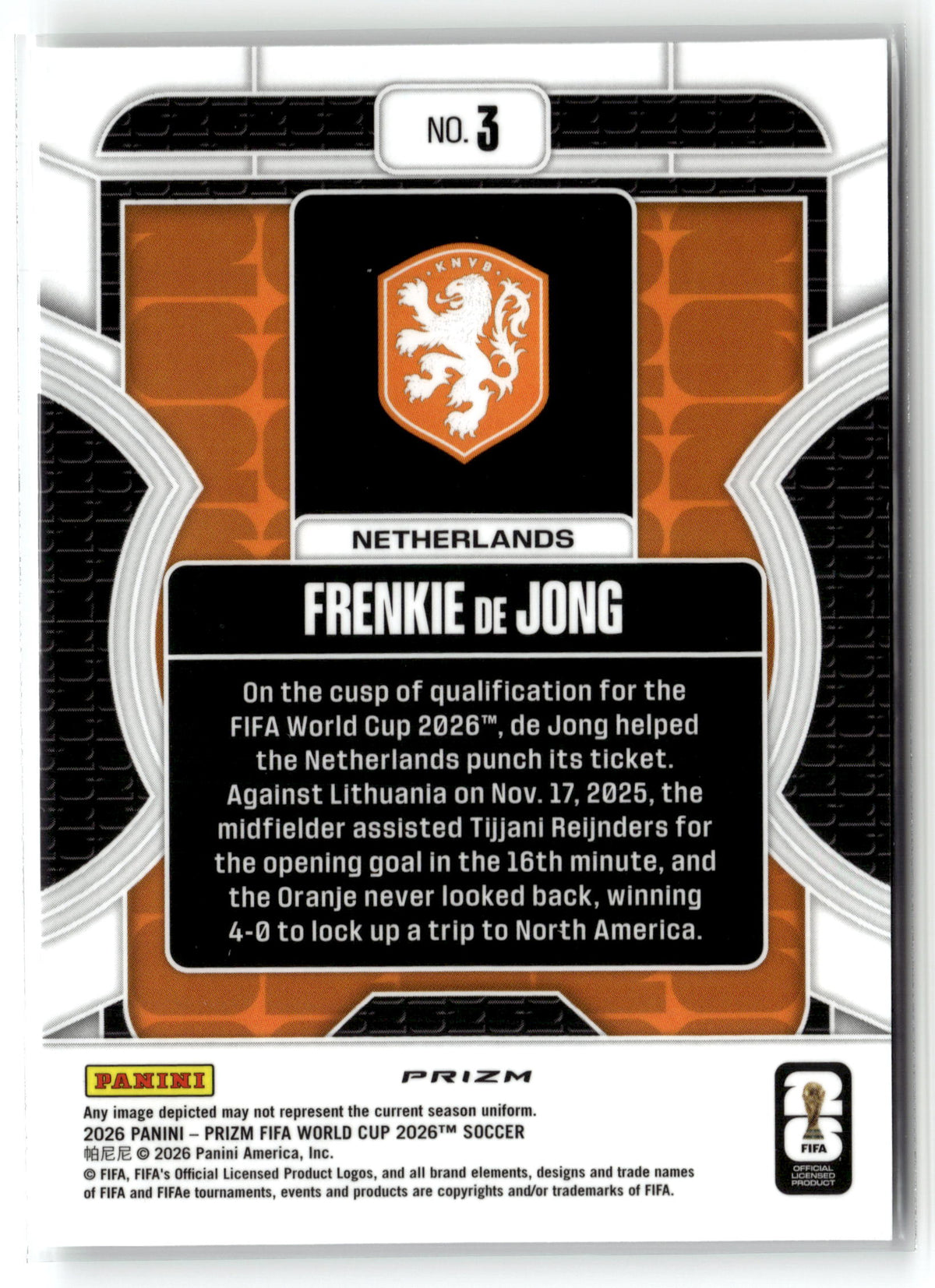2026 Panini Prizm FIFA World Cup #3 Frenkie de Jong Phenomenon