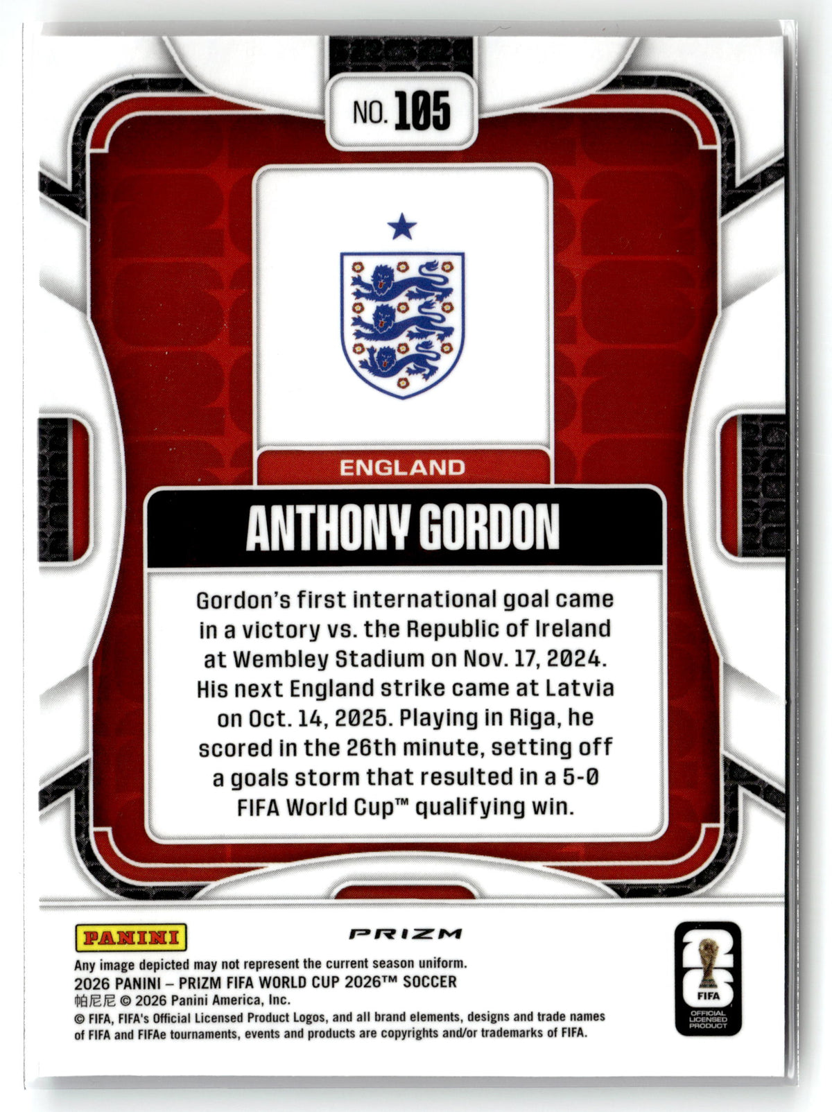 2026 Panini Prizm FIFA World Cup #105 Anthony Gordon Red, White & Blue Prizm