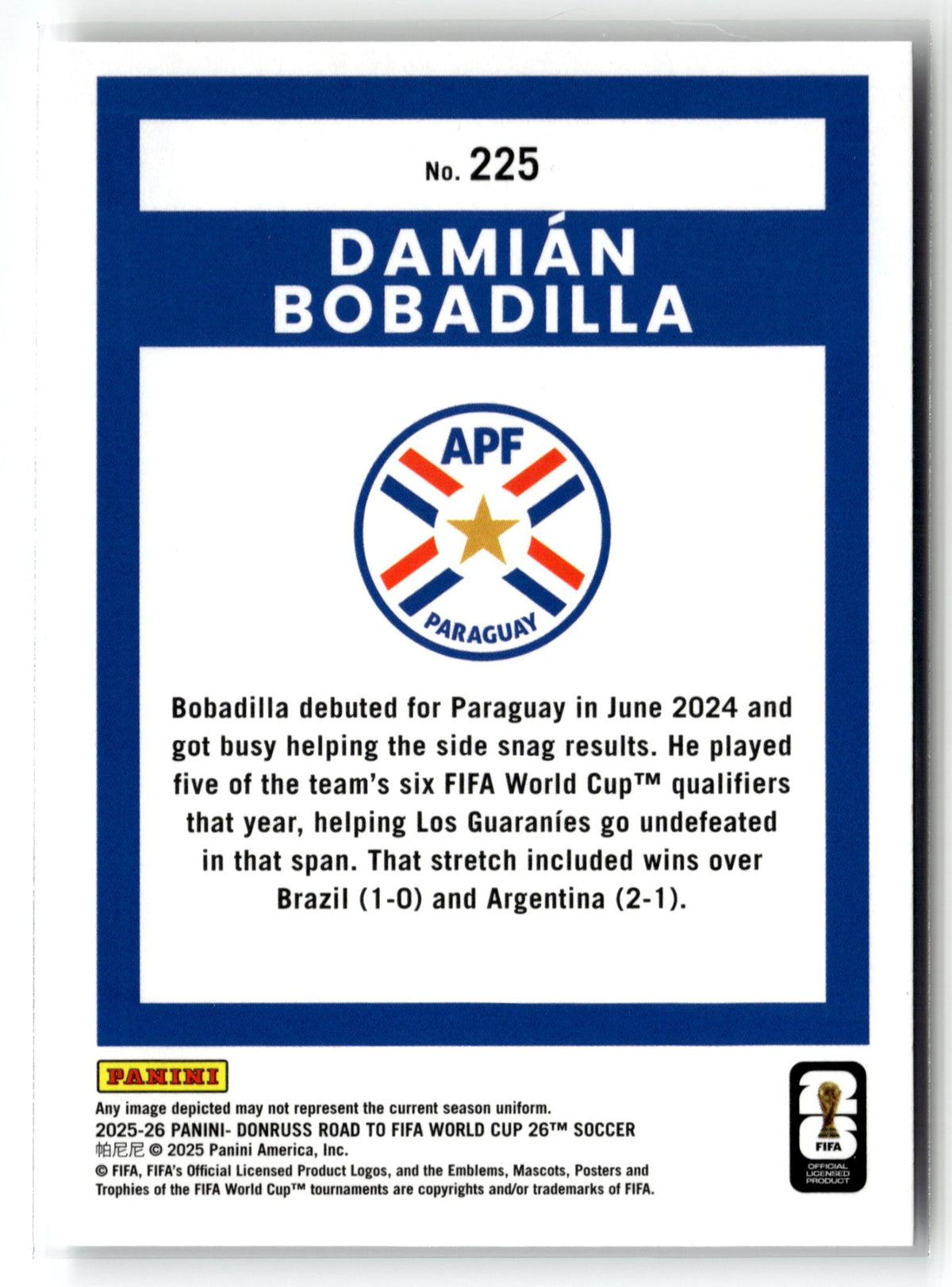 2025-26 Donruss Road to FIFA World Cup #225 Damian Bobadilla