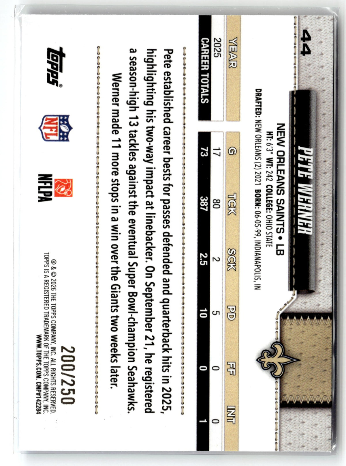 2026 Topps Flagship #44 Pete Werner Aqua Holo Foil