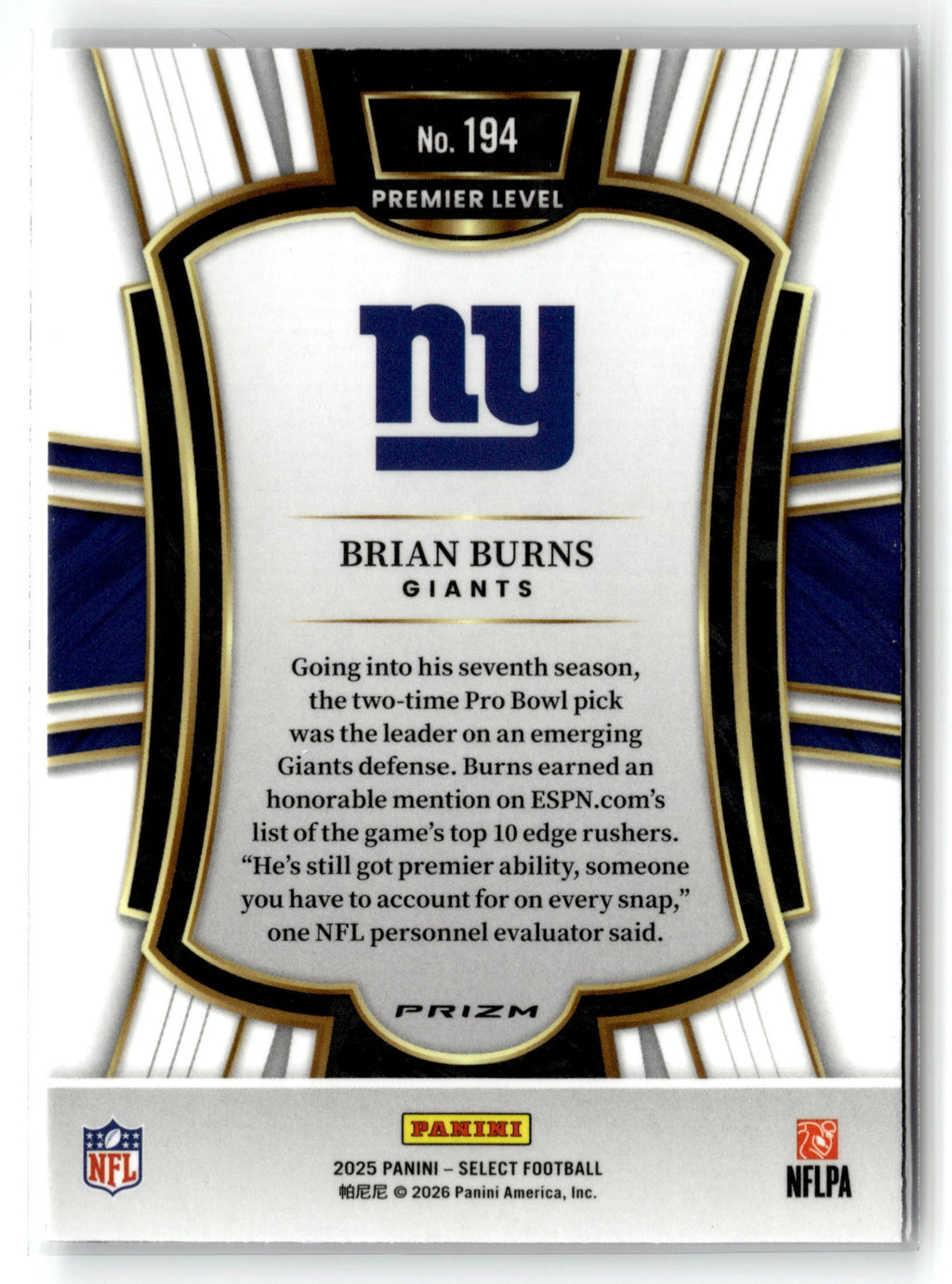 2025 Panini Select #194 Brian Burns Silver Prizm