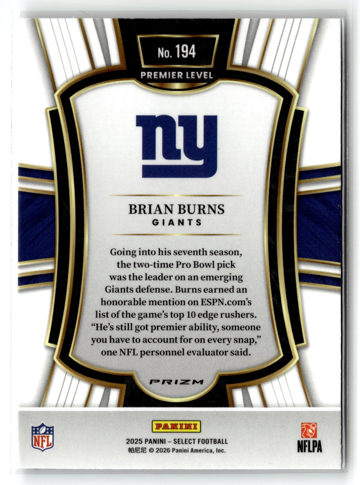 2025 Panini Select #194 Brian Burns Silver Prizm