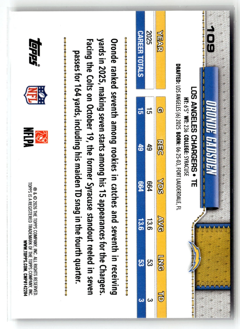 2026 Topps Flagship #109 Oronde Gadsden Football Leather Foil