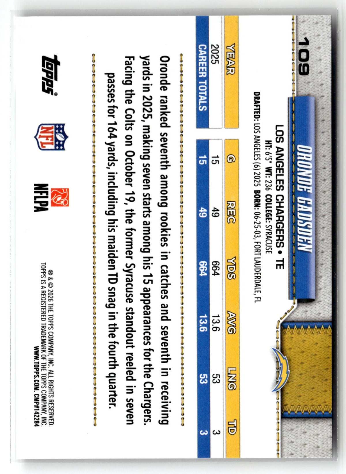 2026 Topps Flagship #109 Oronde Gadsden Football Leather Foil