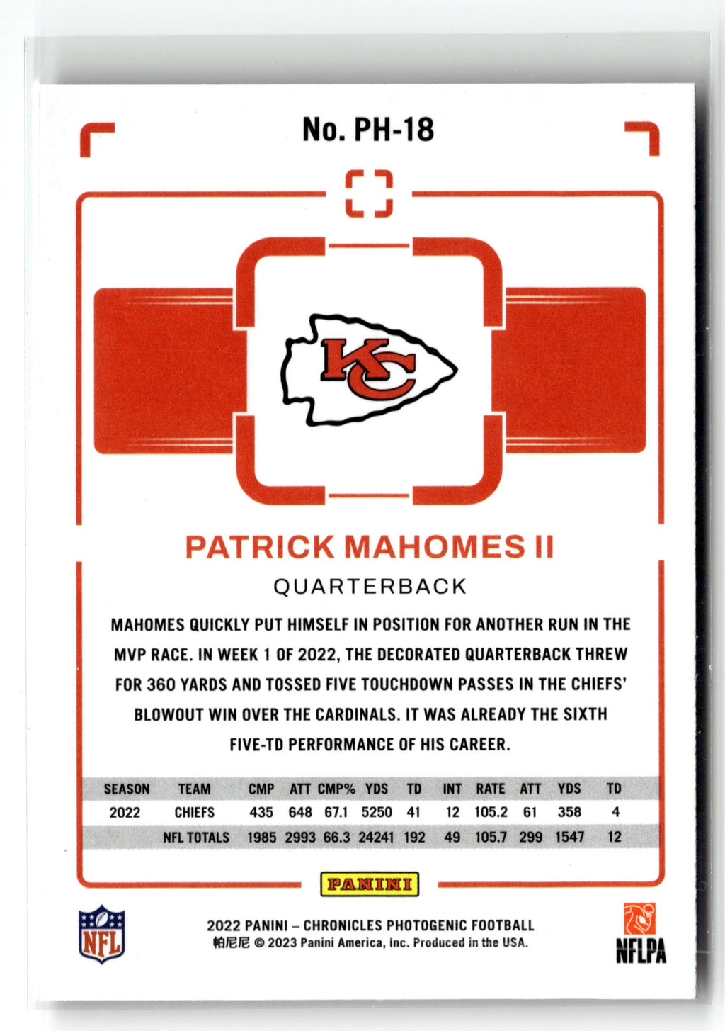 2022 Panini Chronicles #PH-18 Patrick Mahomes II Photogenic Teal