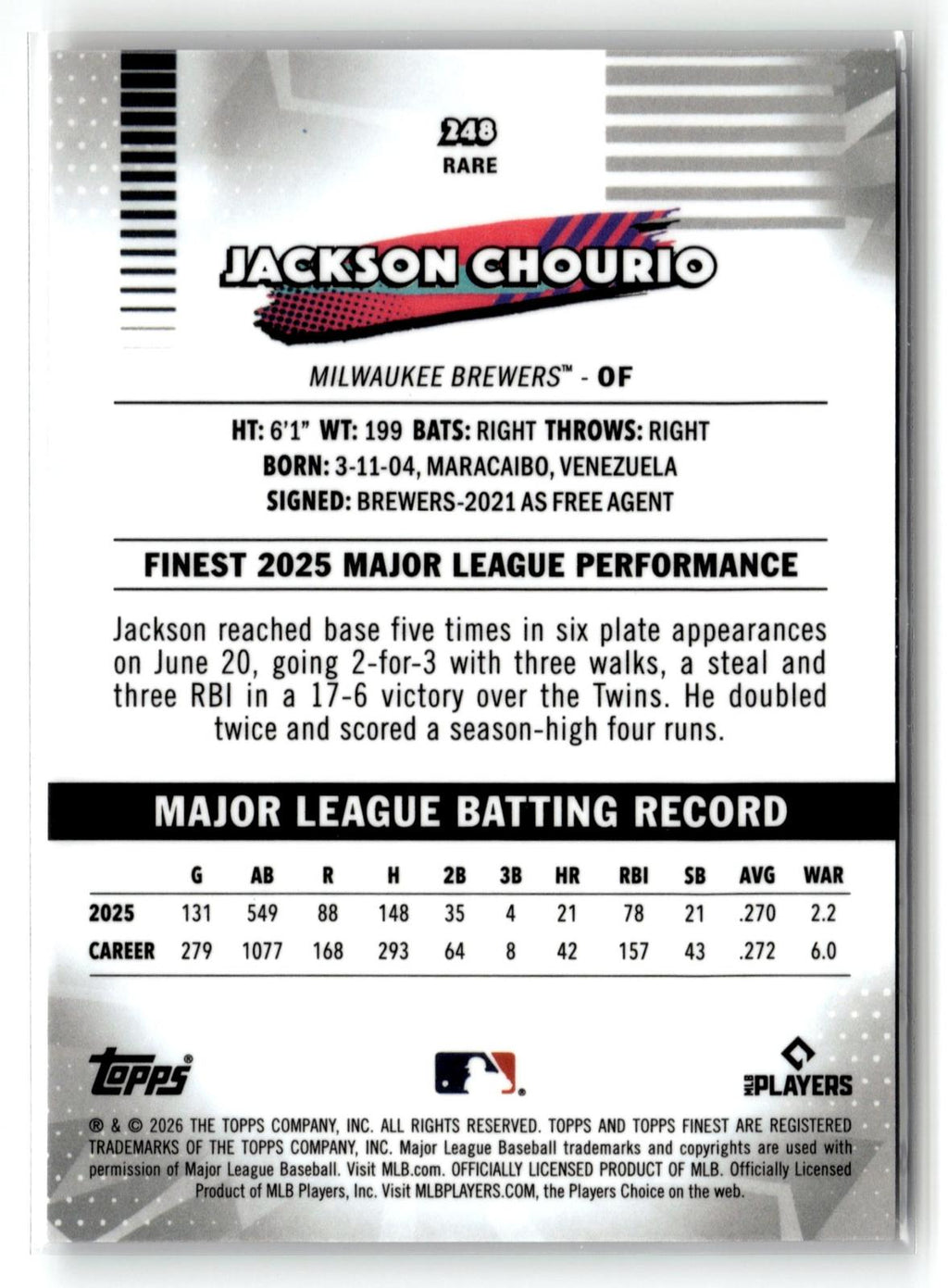 2026 Finest #248 Jackson Chourio