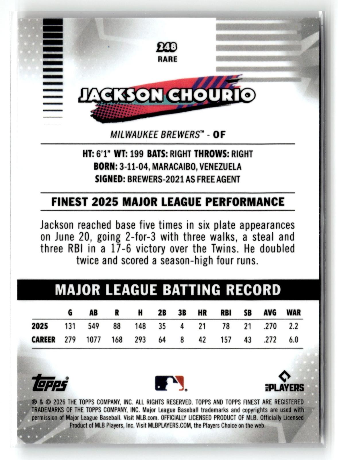 2026 Finest #248 Jackson Chourio