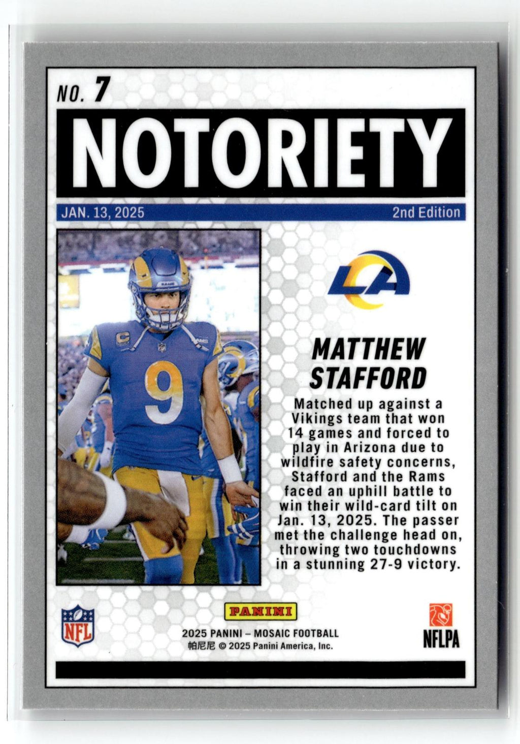 2025 Panini Mosaic #7 Matthew Stafford Notoriety Mosaic Orange Fluorescent