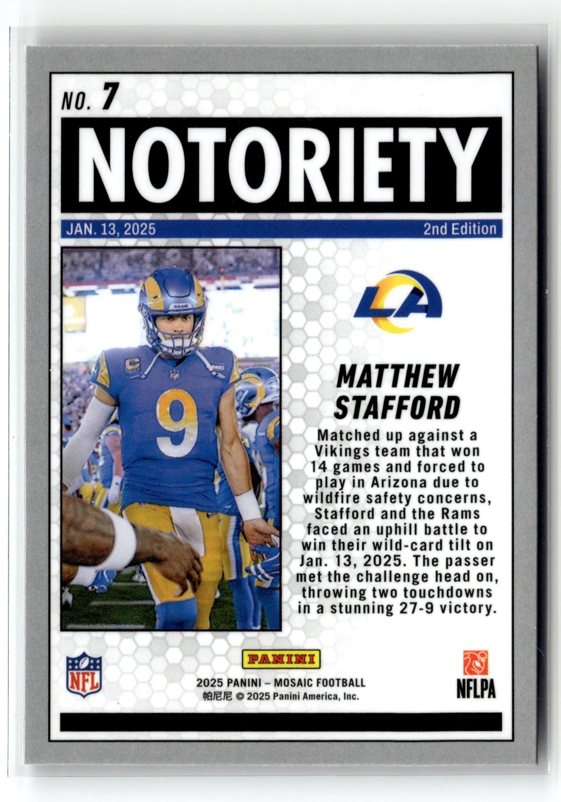 2025 Panini Mosaic #7 Matthew Stafford Notoriety Mosaic Orange Fluorescent