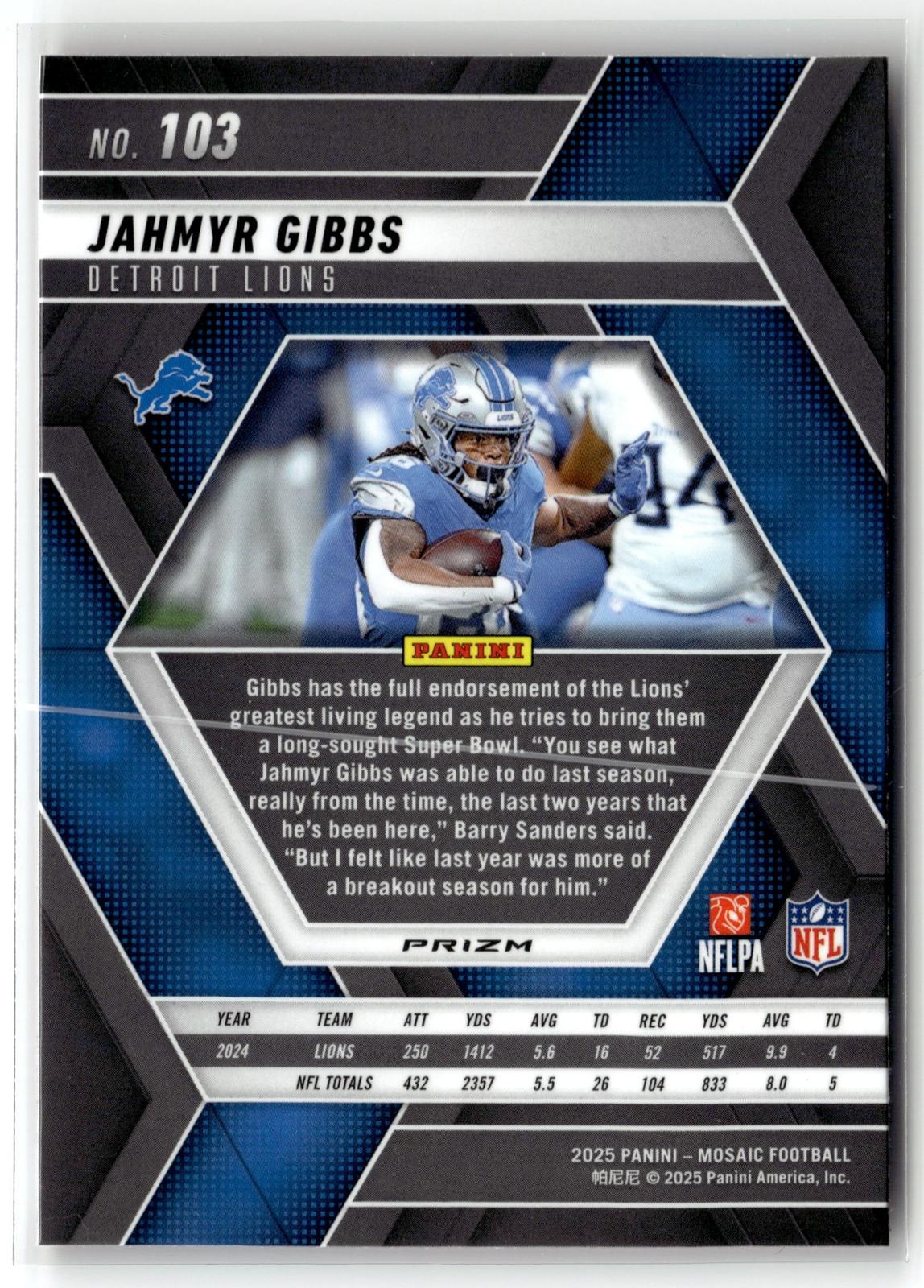 2025 Panini Mosaic #103 Jahmyr Gibbs Blue Scope