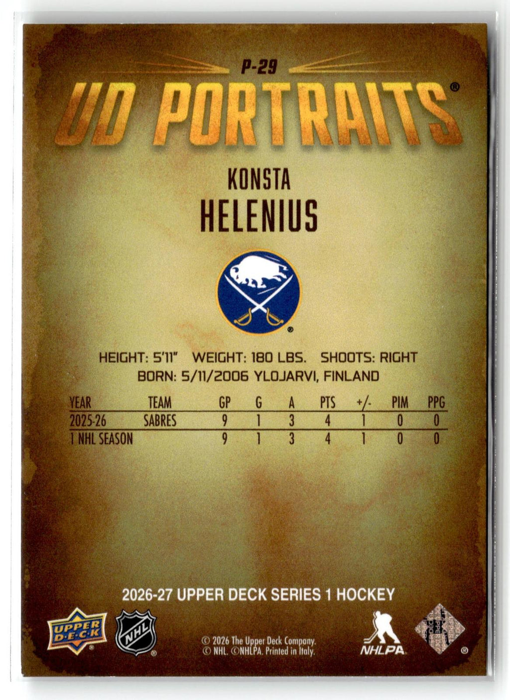 2026-27 Upper Deck #P-29 Konsta Helenius UD Portraits