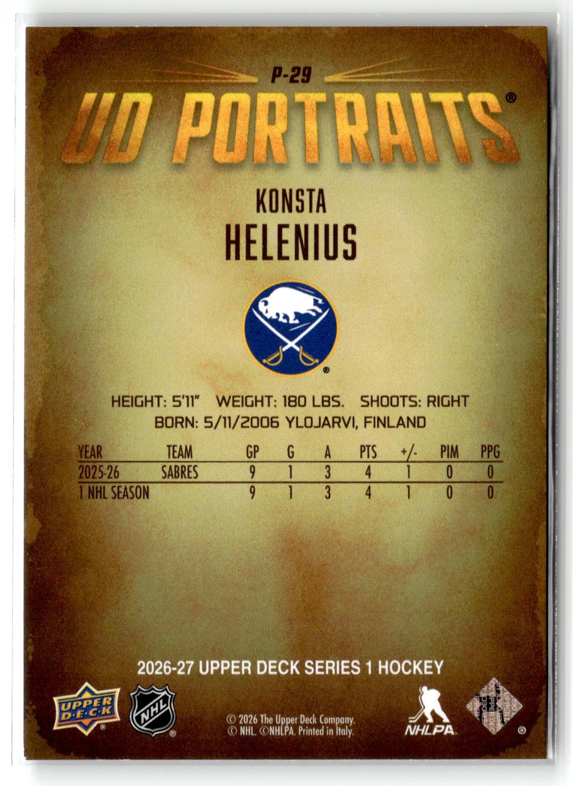 2026-27 Upper Deck #P-29 Konsta Helenius UD Portraits