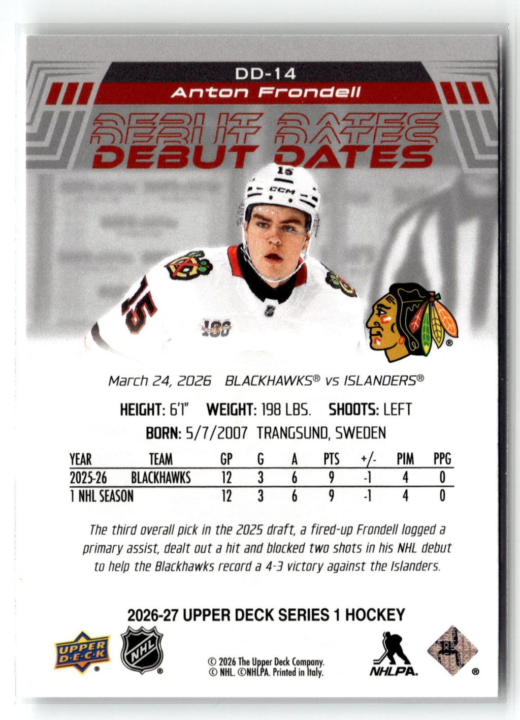 2026-27 Upper Deck #DD-14 Anton Frondell Debut Dates
