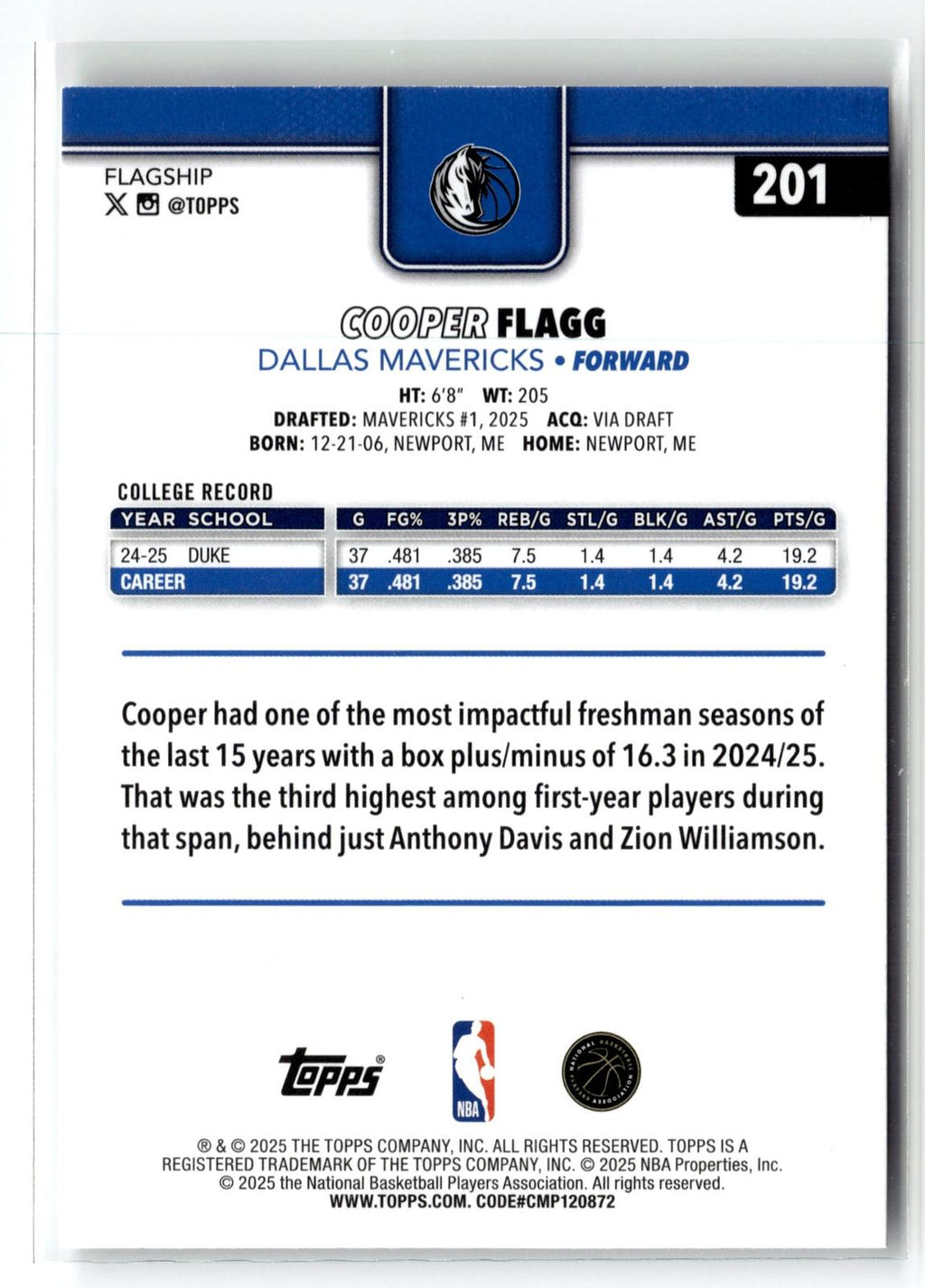 2025-26 Topps #201 Cooper Flagg