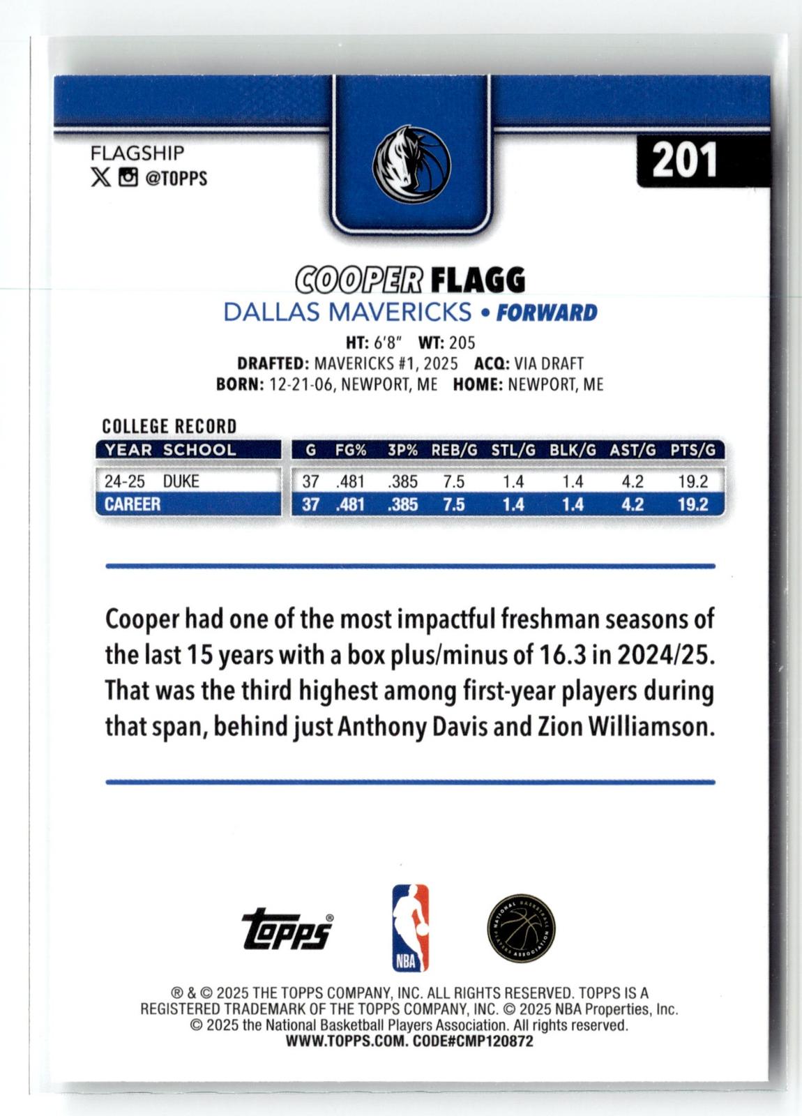2025-26 Topps #201 Cooper Flagg