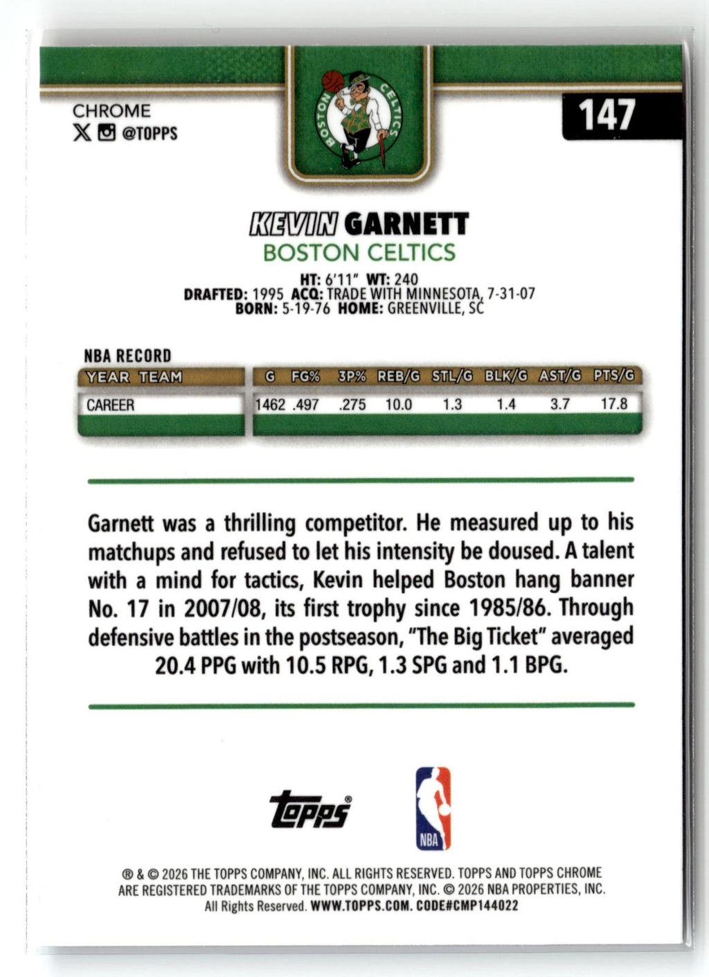 2025-26 Topps Chrome Update #147 Kevin Garnett Red White and Blue Refractor
