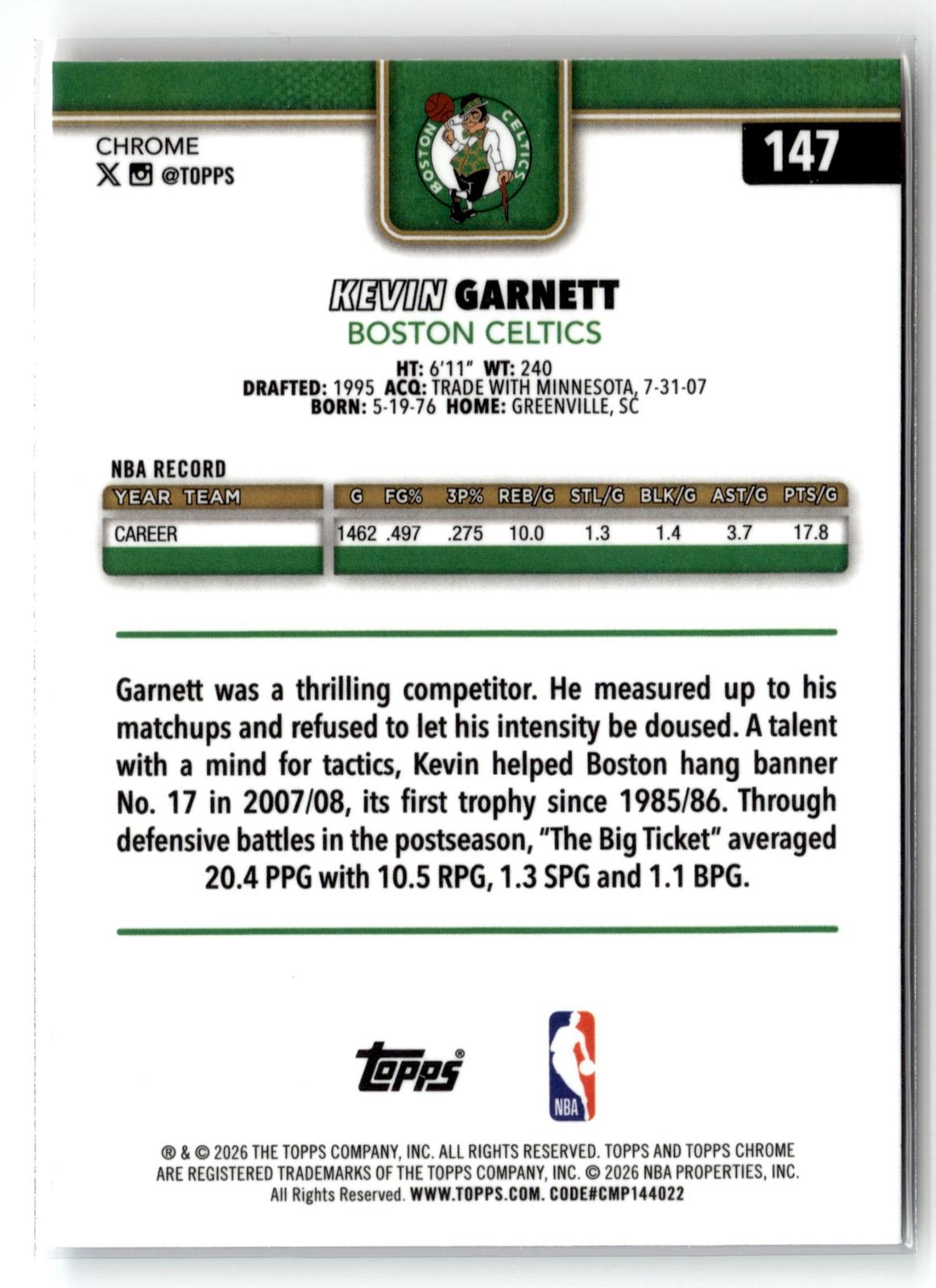 2025-26 Topps Chrome Update #147 Kevin Garnett Red White and Blue Refractor