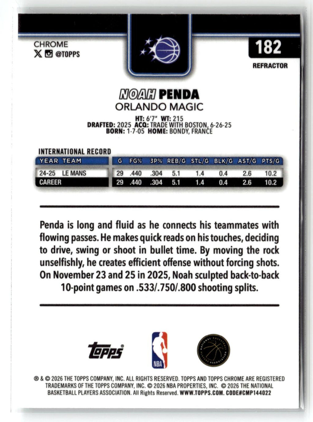 2025-26 Topps Chrome Update #182 Noah Penda Refractor