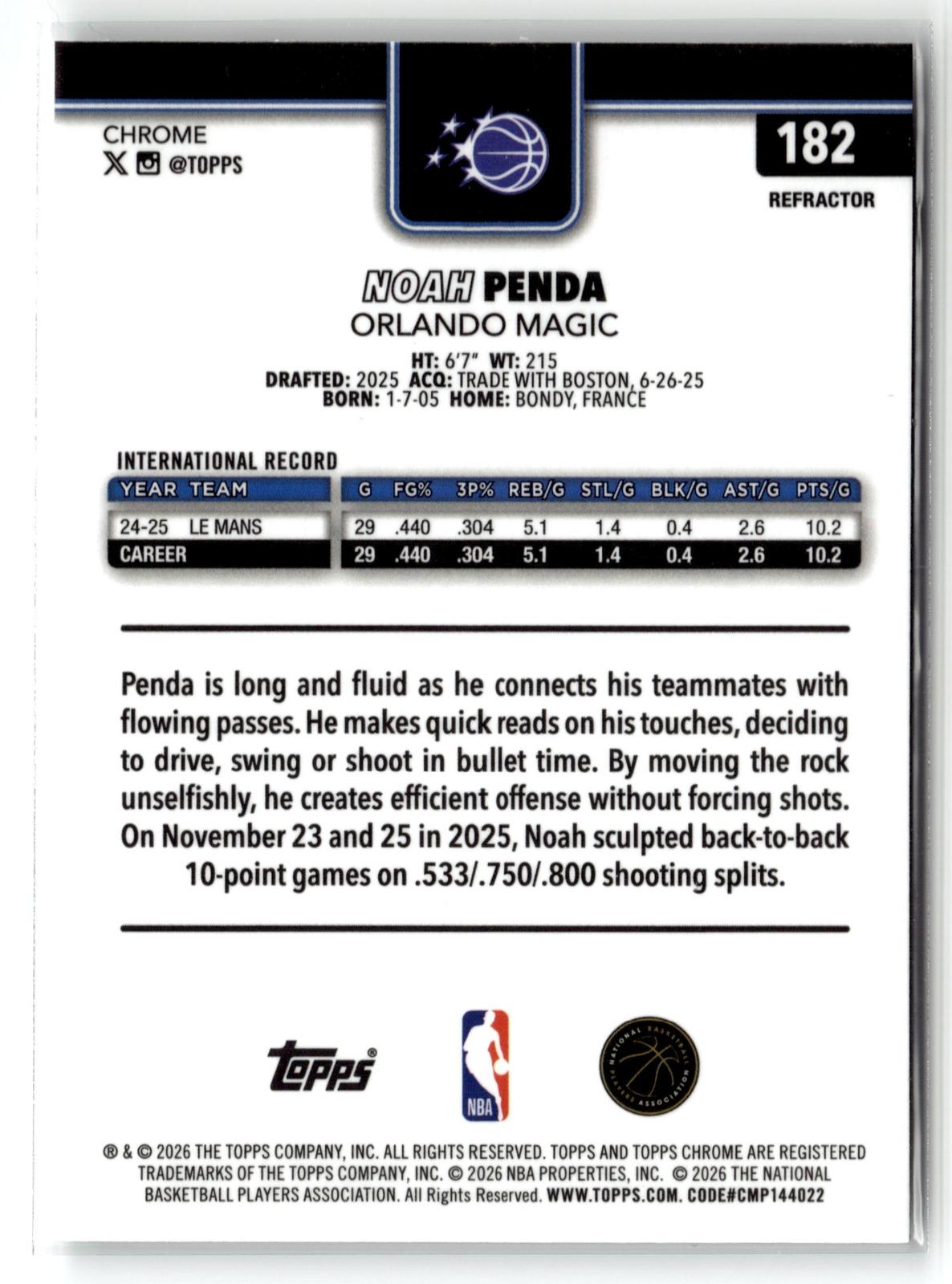2025-26 Topps Chrome Update #182 Noah Penda Refractor