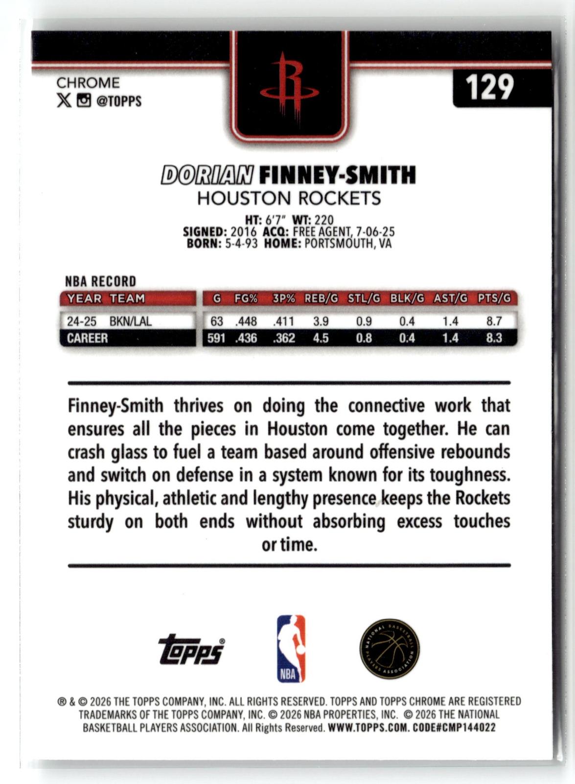 2025-26 Topps Chrome Update #129 Dorian Finney-Smith