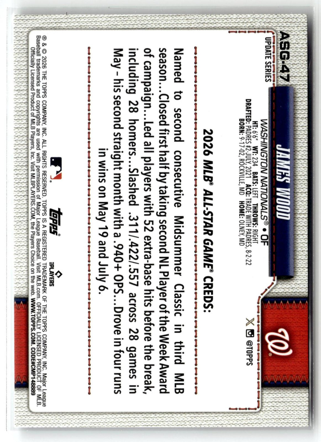 2026 Topps Update #ASG-47 James Wood 2026 All-Star Game
