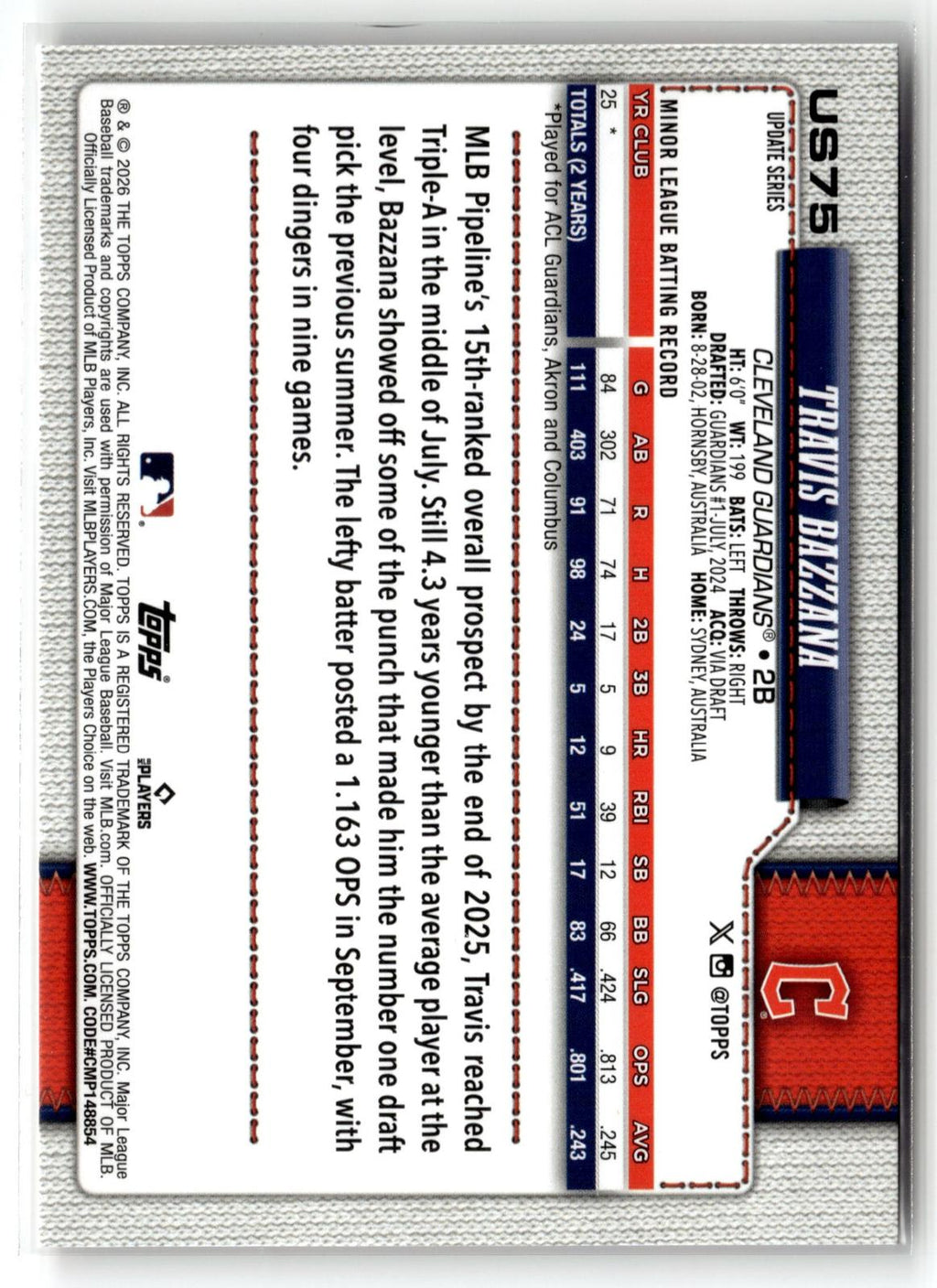 2026 Topps Update #US75 Travis Bazzana Holiday