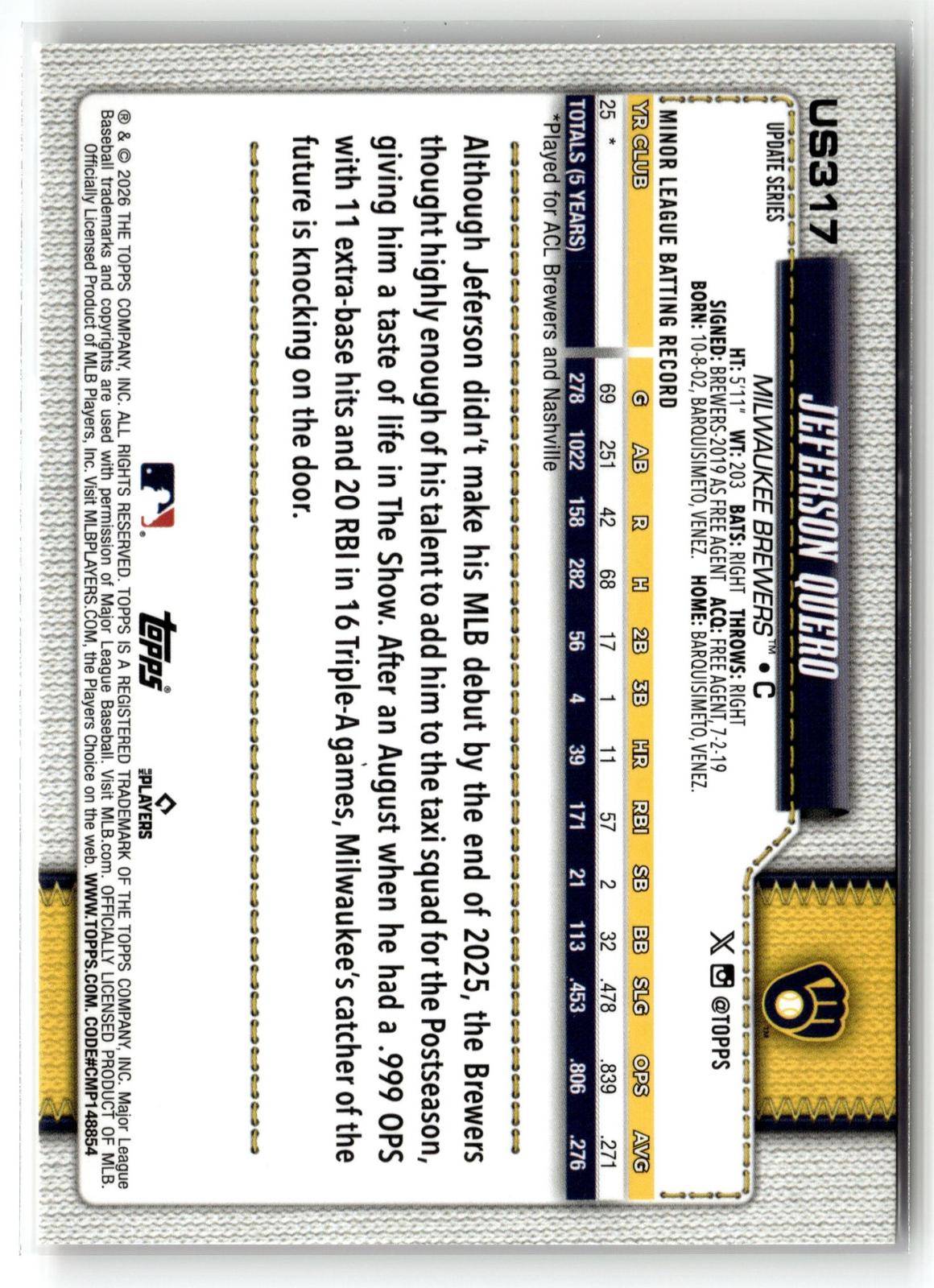 2026 Topps Update #US317 Jeferson Quero Holiday
