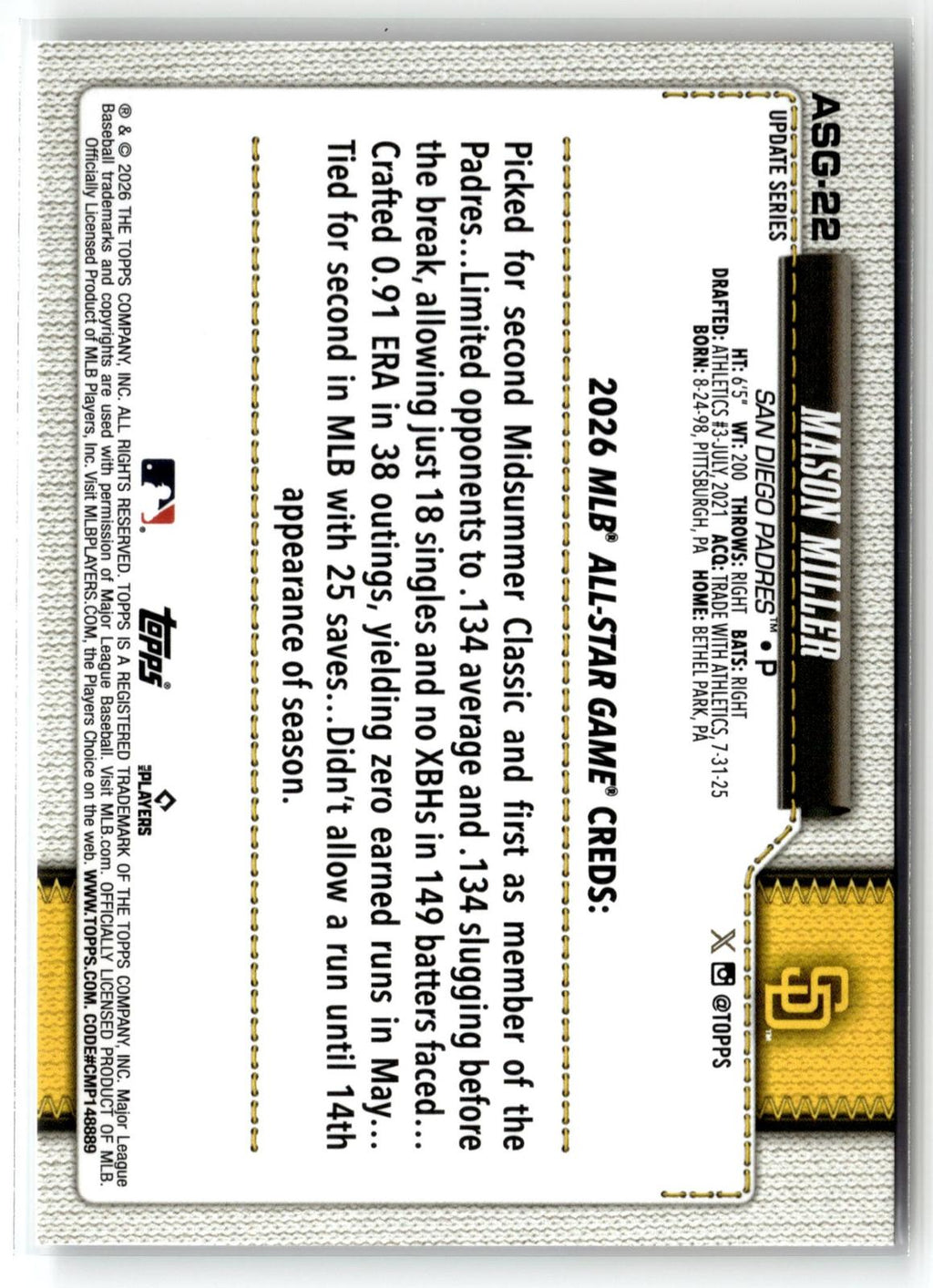 2026 Topps Update #ASG-22 Mason Miller 2026 All-Star Game