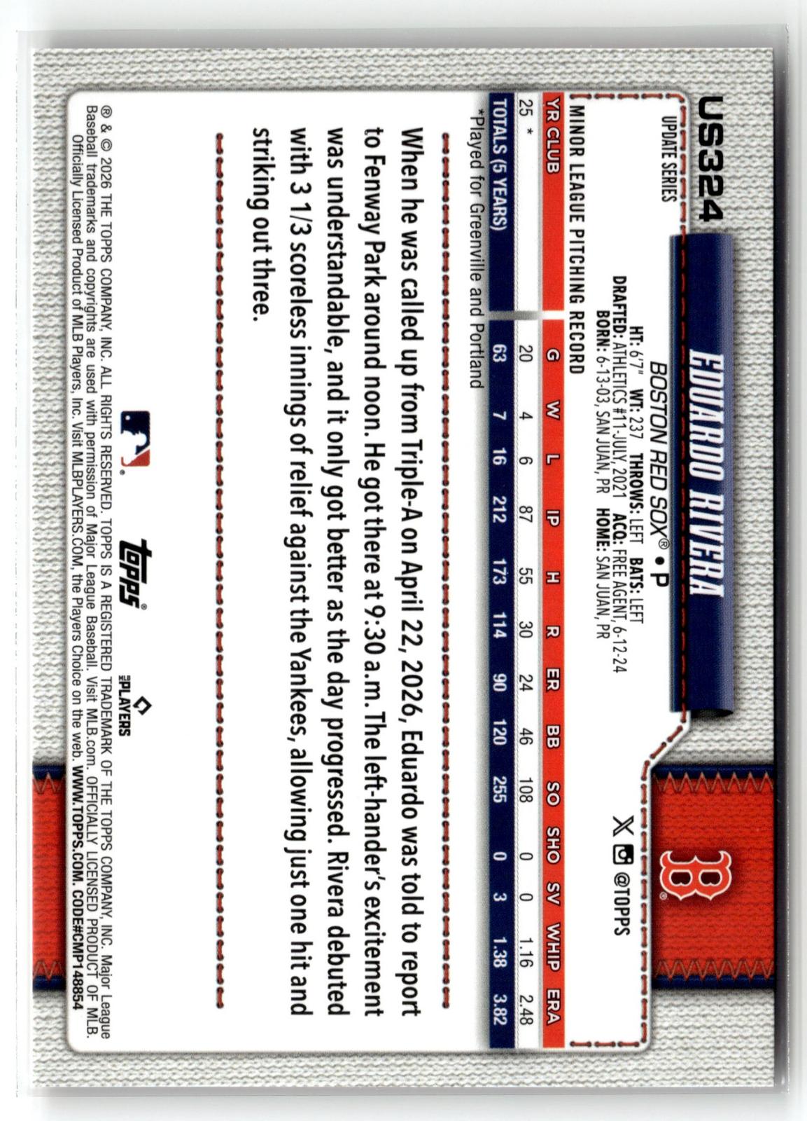 2026 Topps Update #US324 Eduardo Rivera Holiday