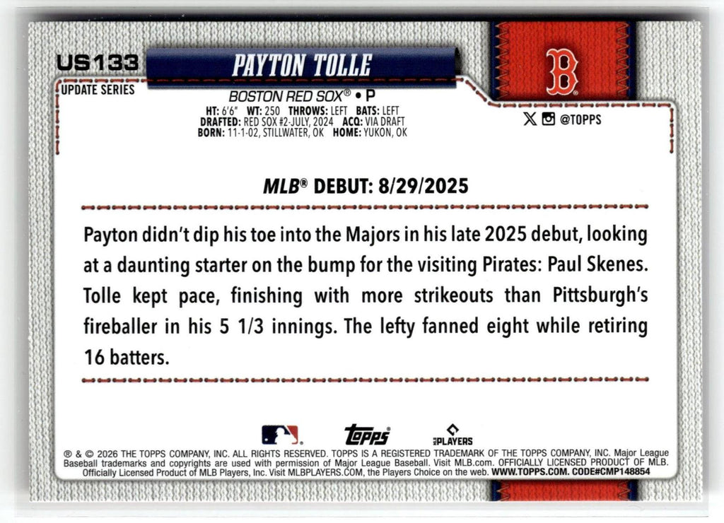 2026 Topps Update #US133 Payton Tolle Holiday