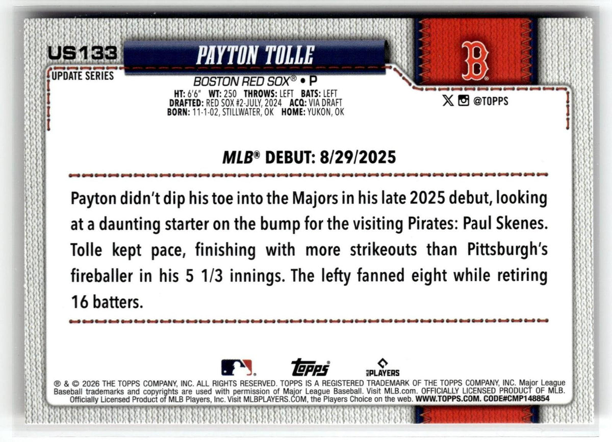 2026 Topps Update #US133 Payton Tolle Holiday