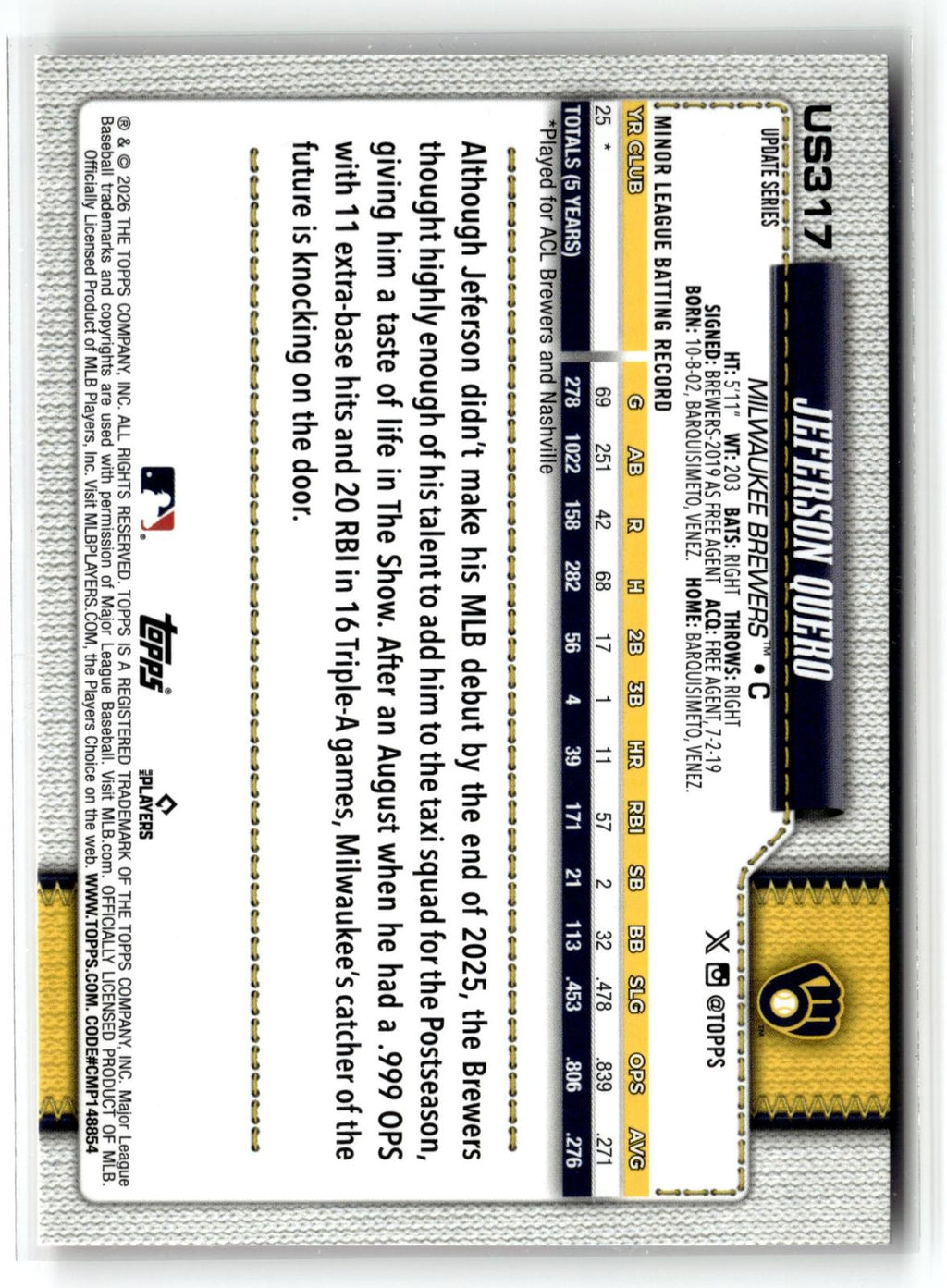 2026 Topps Update #US317 Jeferson Quero Holiday