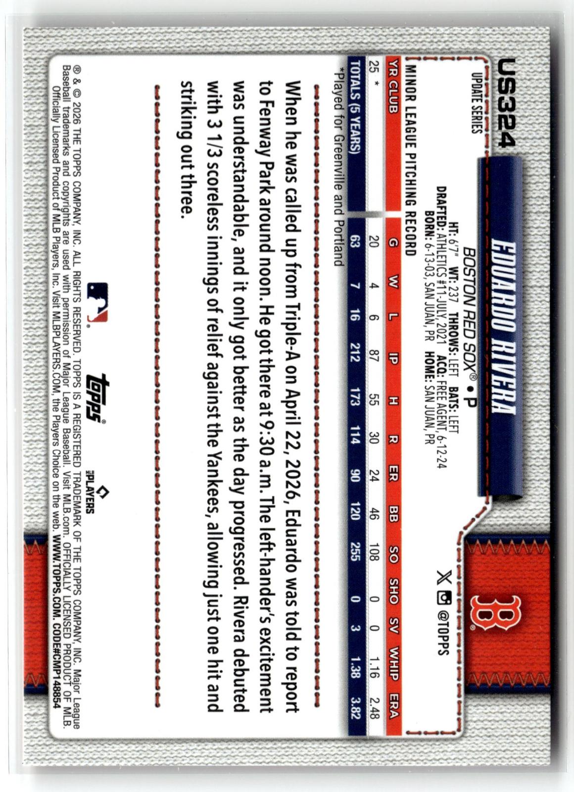 2026 Topps Update #US324 Eduardo Rivera Holiday