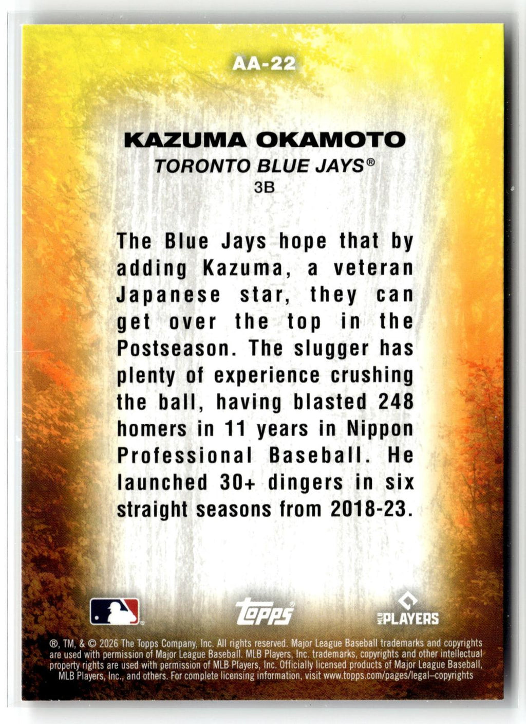 2026 Topps Update #AA-22 Kazuma Okamoto Autumn Ascensions