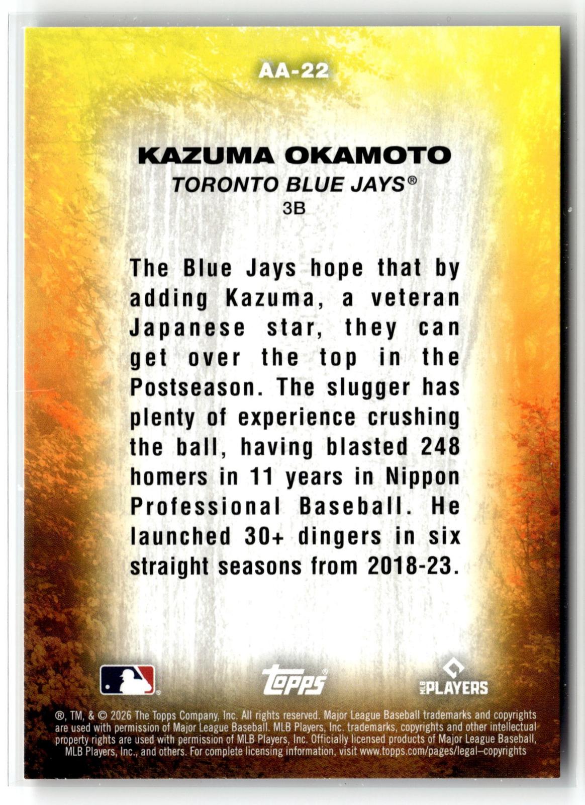 2026 Topps Update #AA-22 Kazuma Okamoto Autumn Ascensions