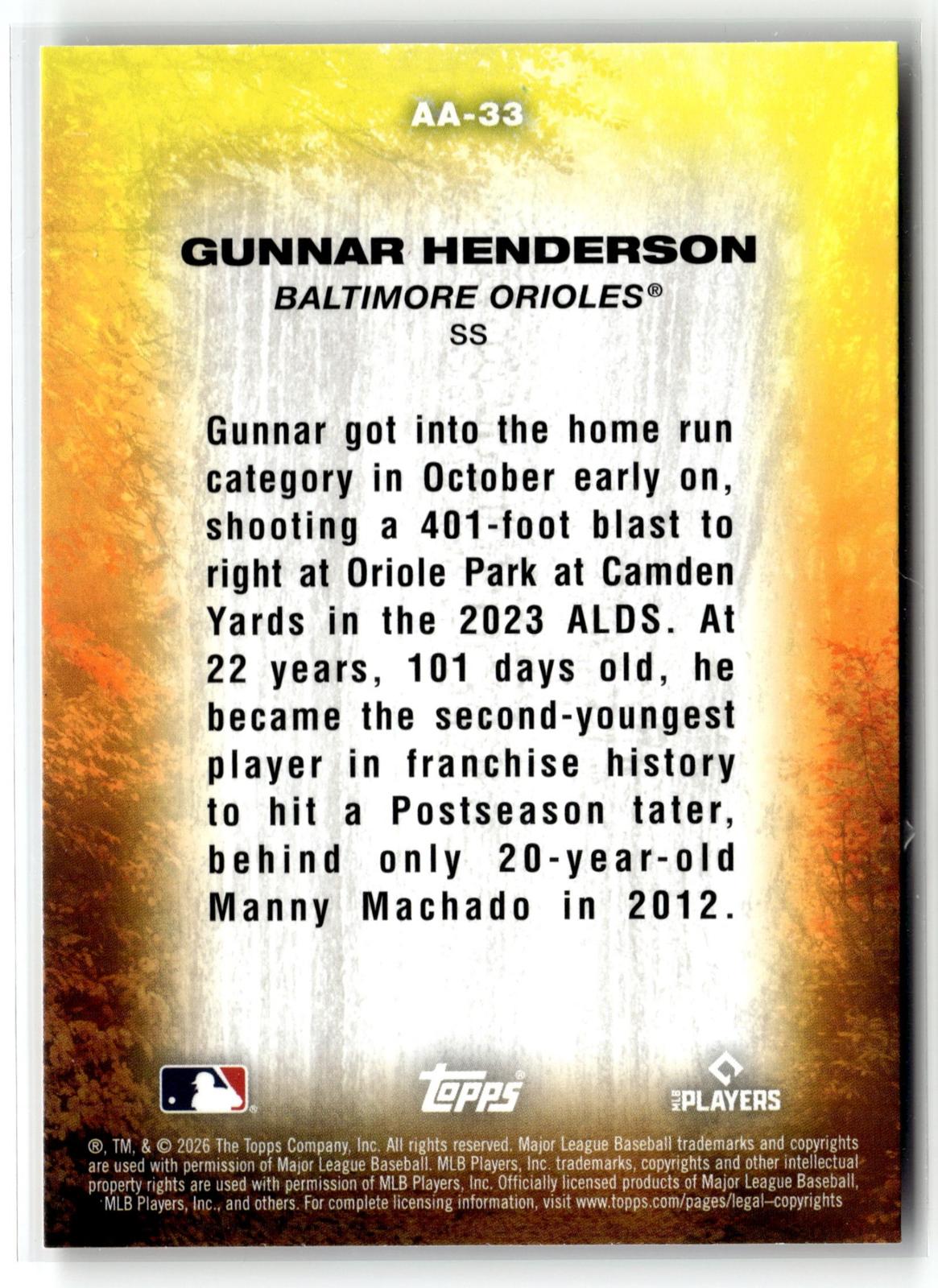 2026 Topps Update #AA-33 Gunnar Henderson Autumn Ascensions