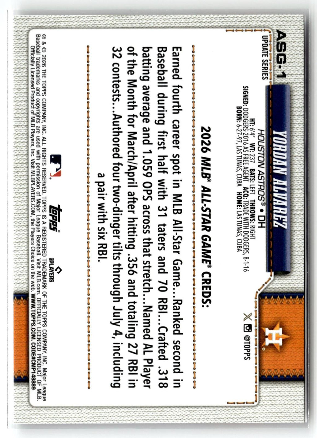 2026 Topps Update #ASG-1 Yordan Alvarez 2026 All-Star Game