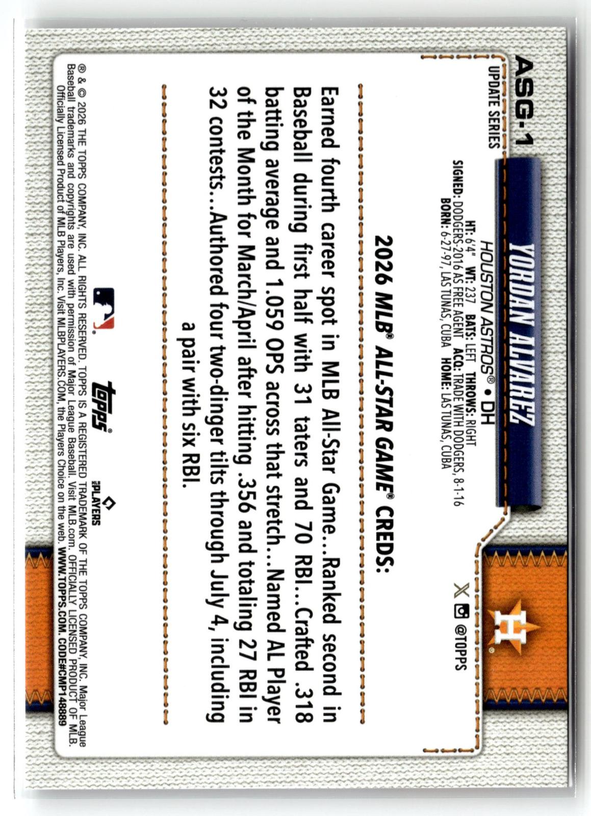2026 Topps Update #ASG-1 Yordan Alvarez 2026 All-Star Game