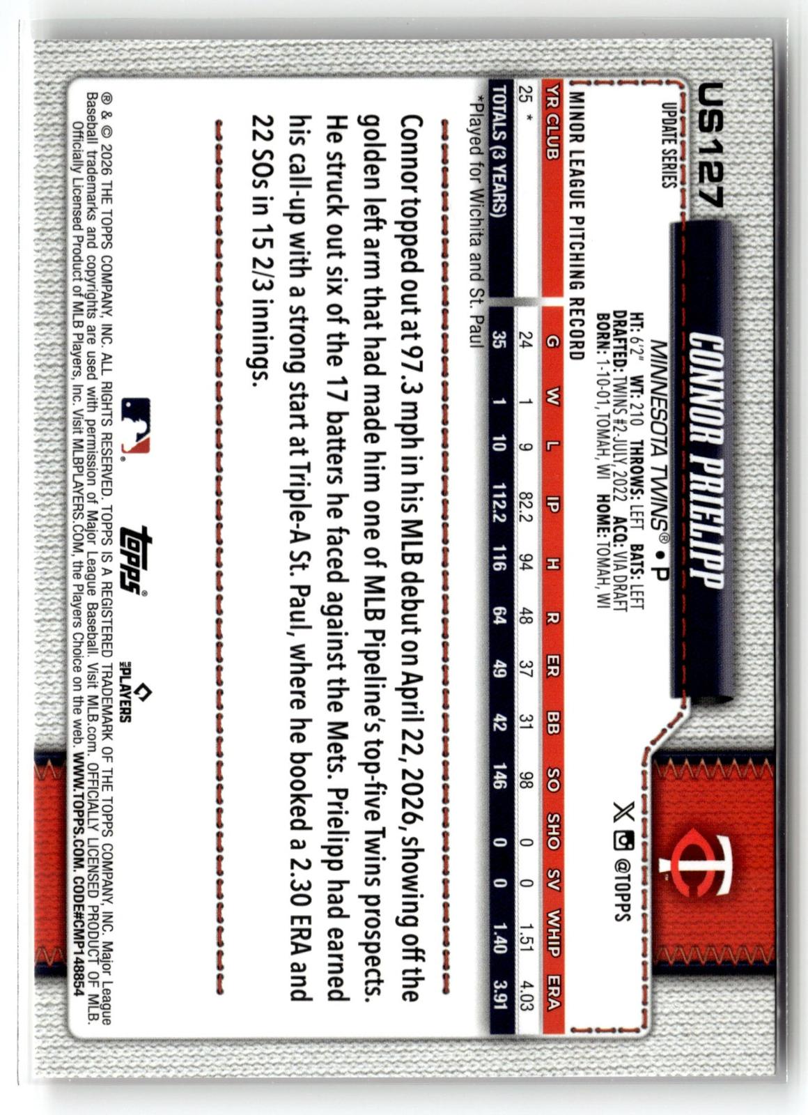 2026 Topps Update #US127 Connor Prielipp Holiday