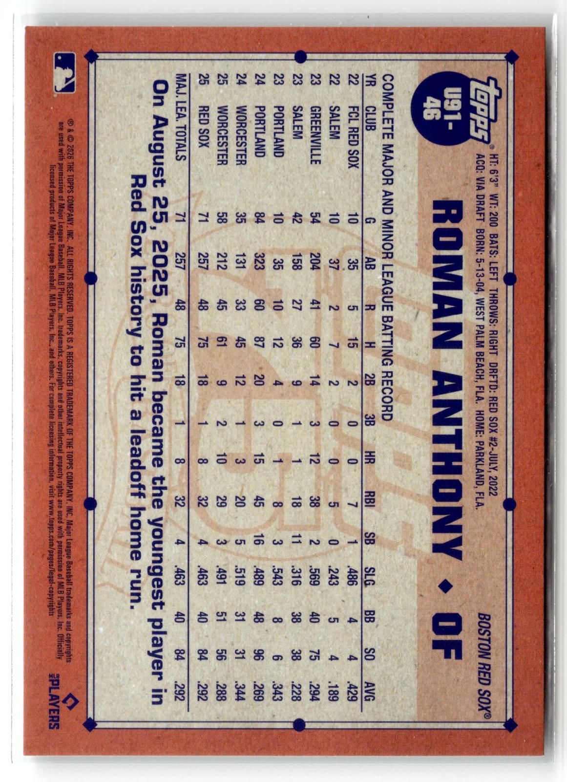 2026 Topps Update #U91-46 Roman Anthony 1991 Topps Baseball 35th Anniversary