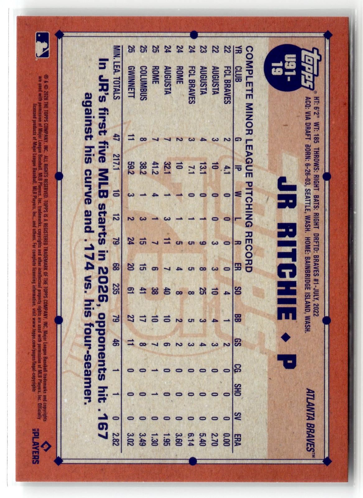 2026 Topps Update #U91-19 JR Ritchie 1991 Topps Baseball 35th Anniversary