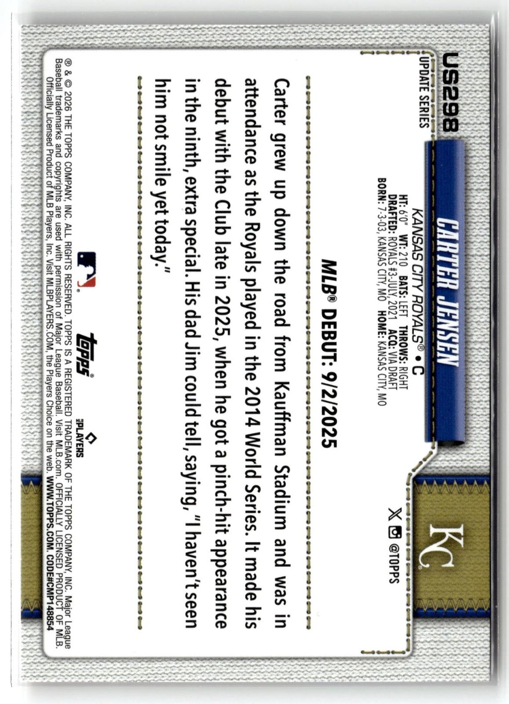 2026 Topps Update #US298 Carter Jensen Holiday