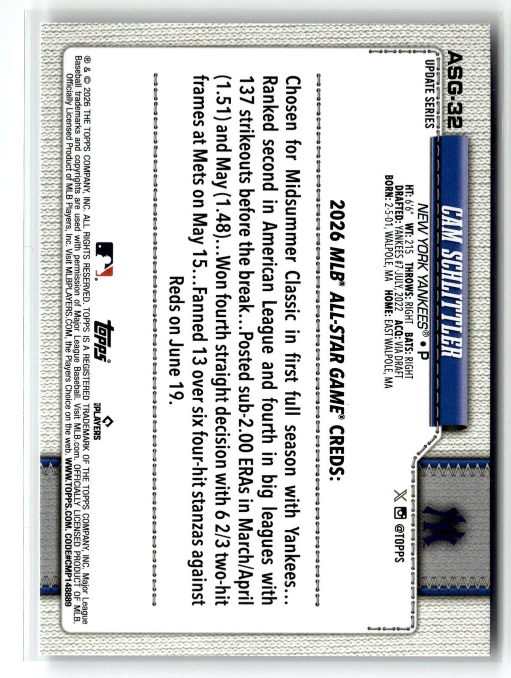 2026 Topps Update #ASG-32 Cam Schlittler 2026 All-Star Game